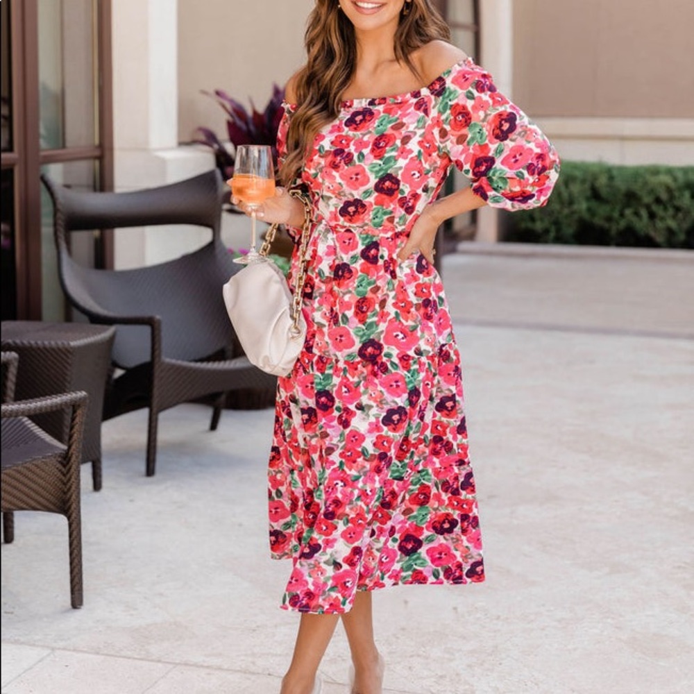 Pink Off The Shoulder Floral Midi Dress